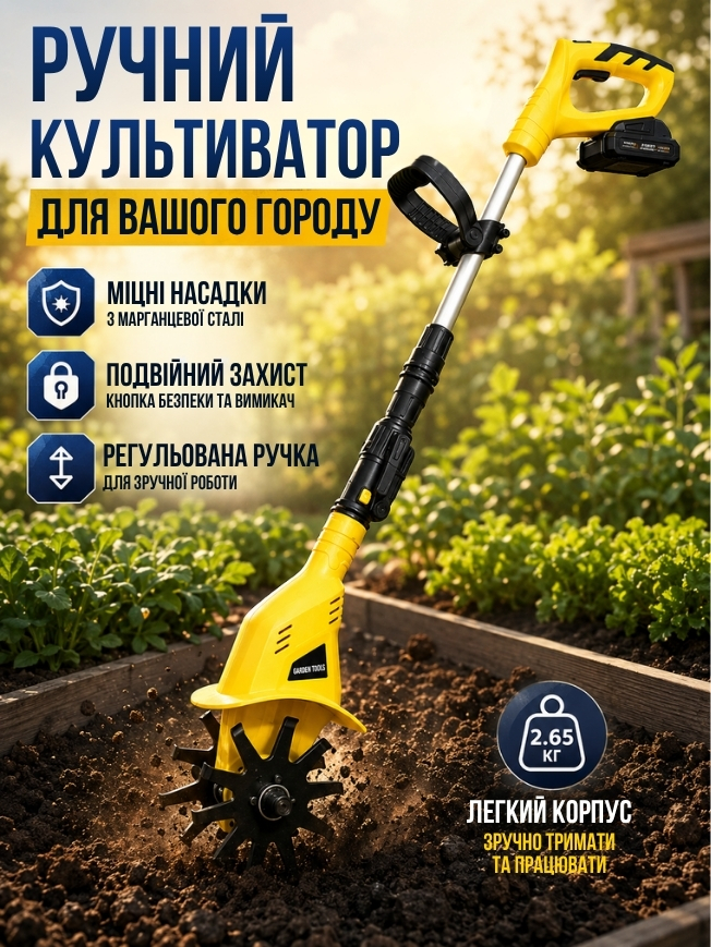 Акумуляторний культиватор для городу з двома акумуляторами фото