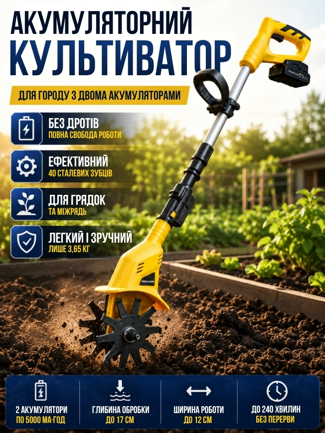 Акумуляторний культиватор для городу з двома акумуляторами